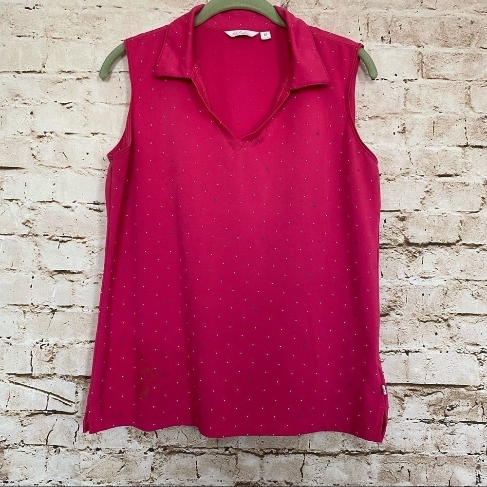 Lady Hagan Sz M Sleeveless Polo Top Magenta Polka Dot